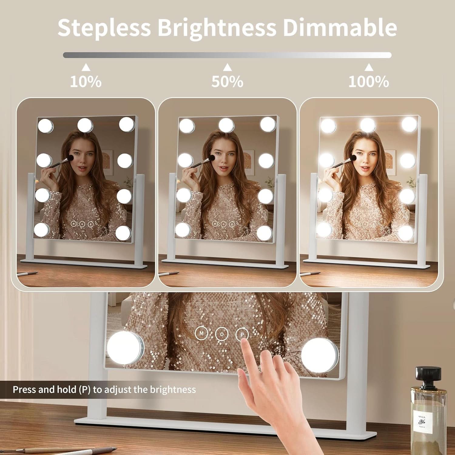 Lighted Makeup Vanity Mirror With 3 Color Modes And 10X Magnification White
