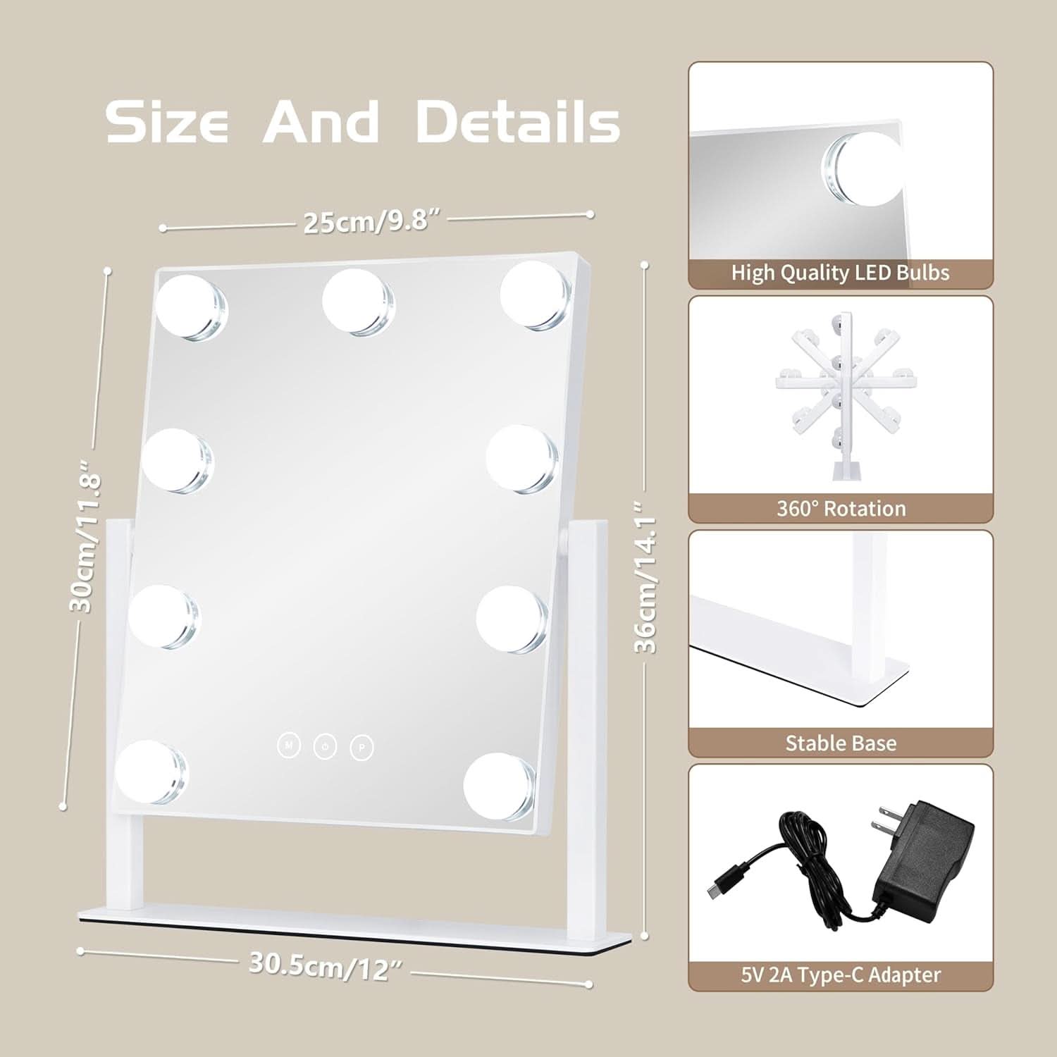 Lighted Makeup Vanity Mirror With 3 Color Modes And 10X Magnification White