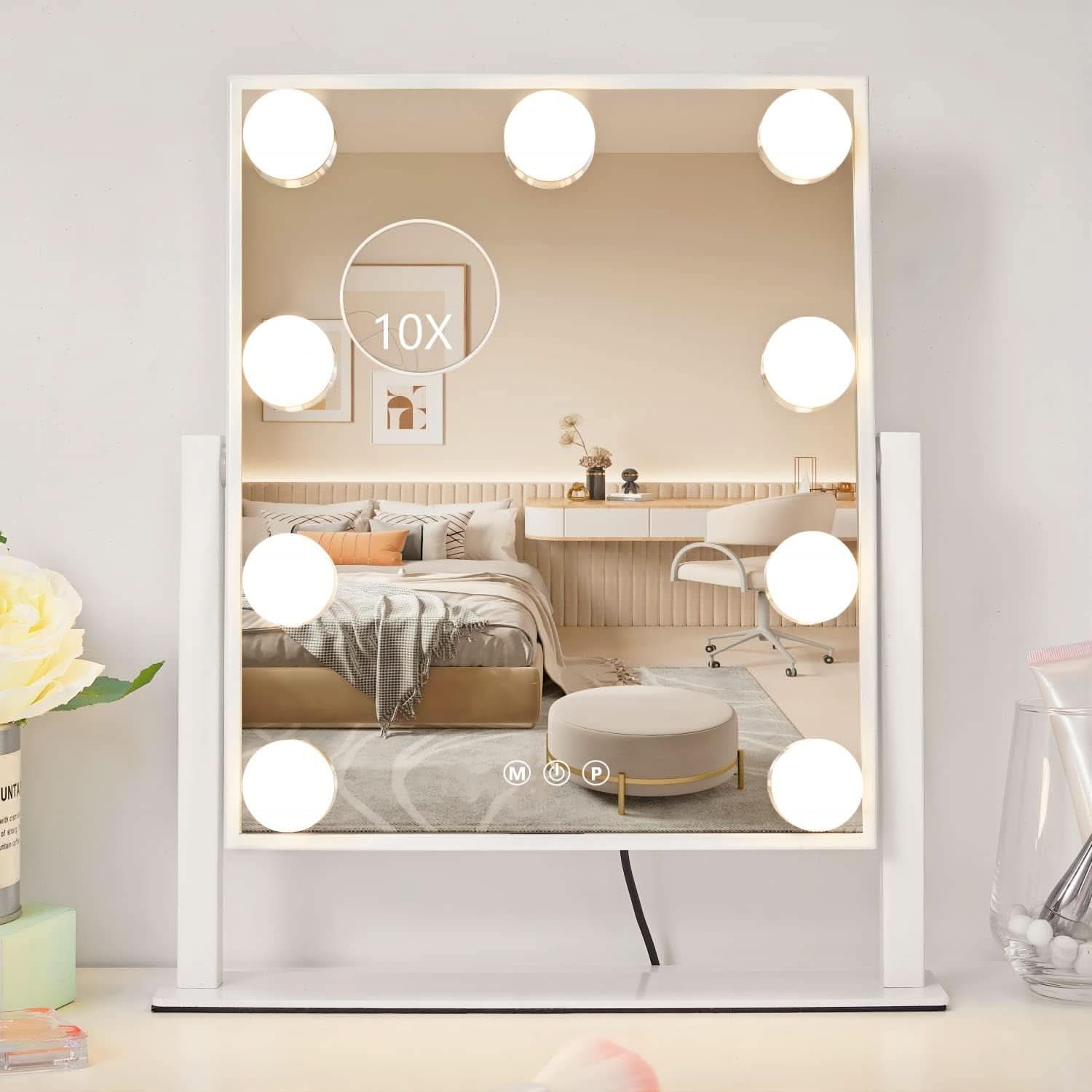 Lighted Makeup Vanity Mirror With 3 Color Modes And 10X Magnification White