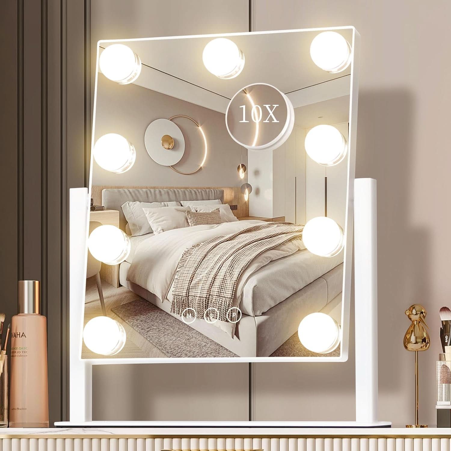 Lighted Makeup Vanity Mirror With 3 Color Modes And 10X Magnification White