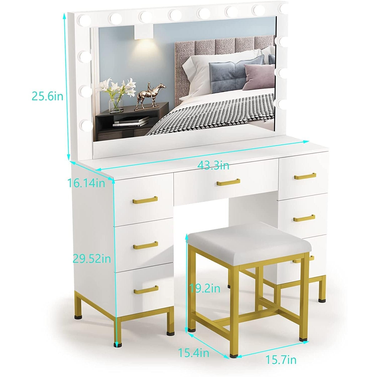 Lighted Makeup Vanity White With 14 LED Bulbs And Drawers