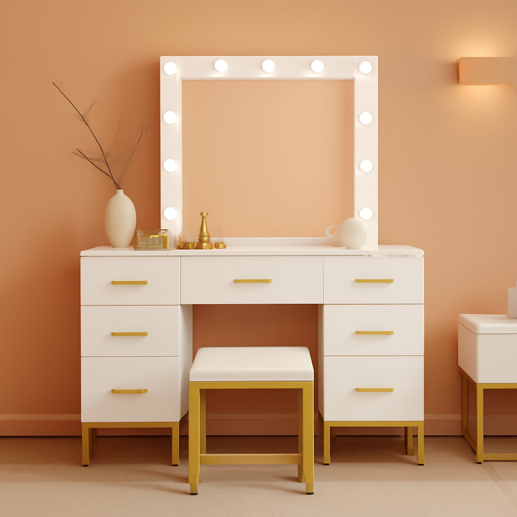Lighted Makeup Vanity White With 14 LED Bulbs And Drawers