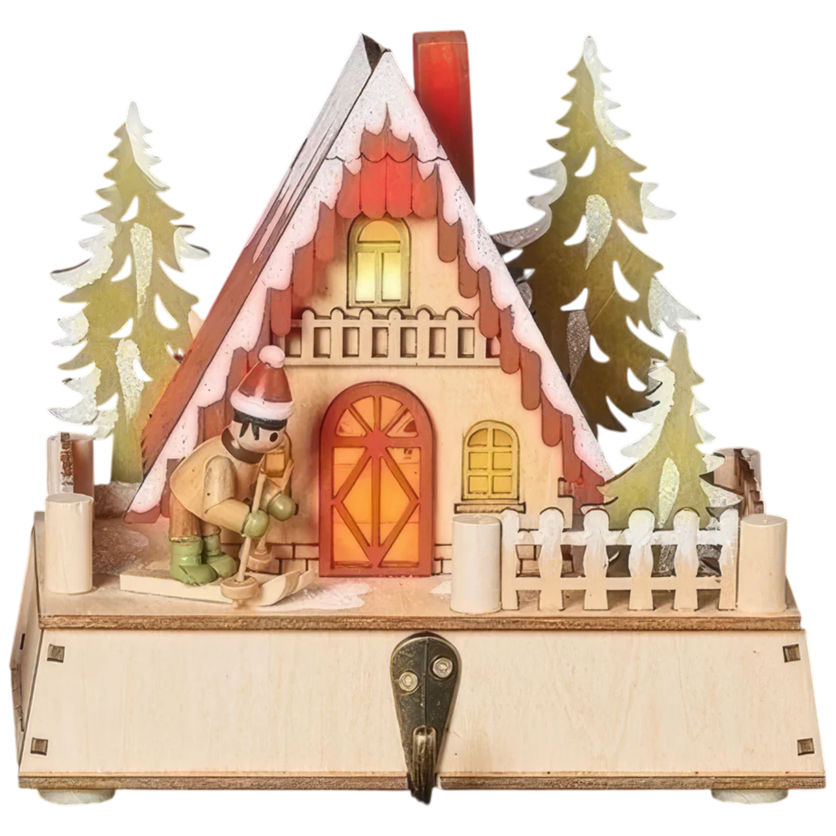 Lighted Ski Cabin Wooden Stocking Holder