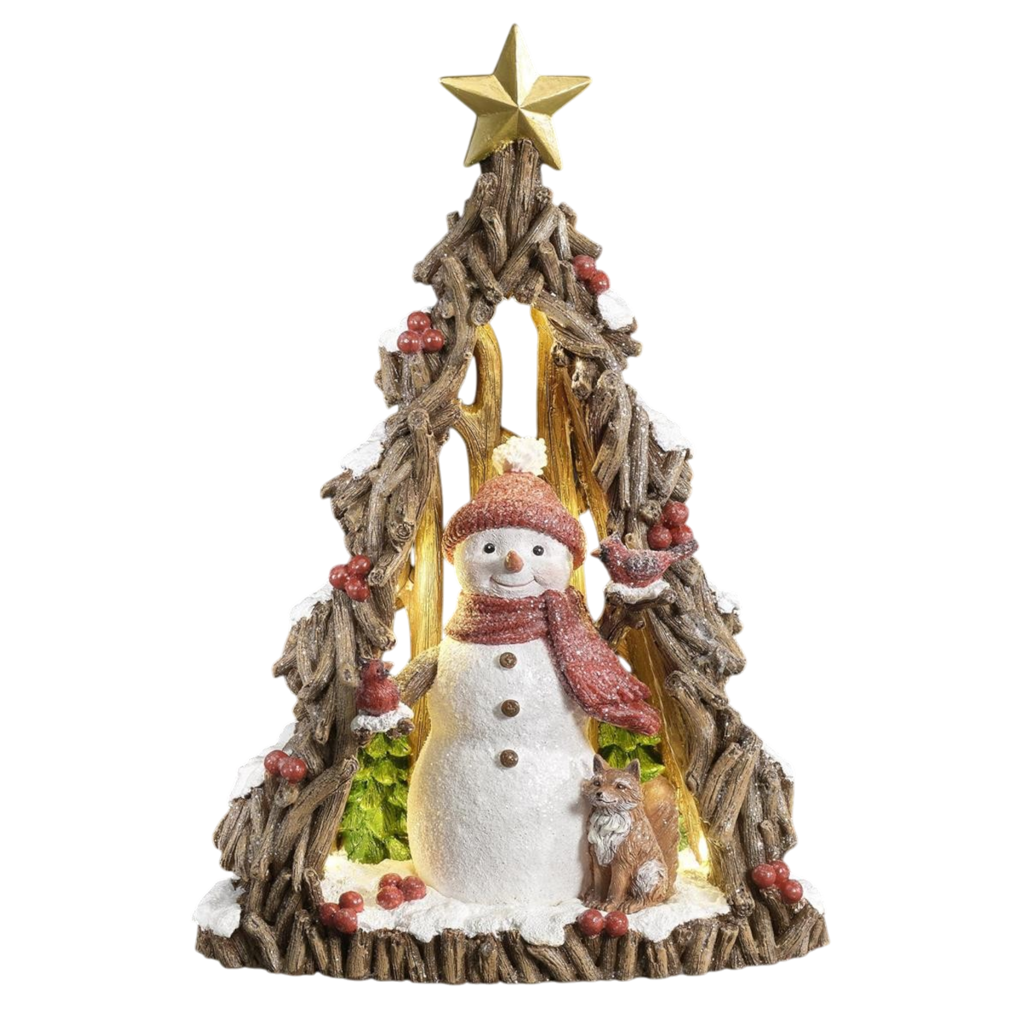 Lighted Tree And Red Snowman With Fox Cutout
