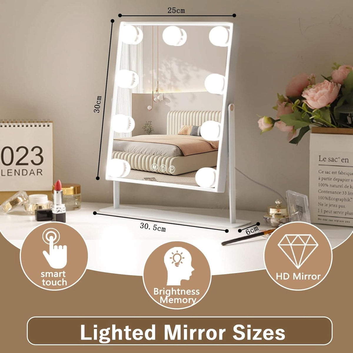 Lighted Vanity Mirror 12x10 Inch With 9 LED Bulbs 360 Rotation