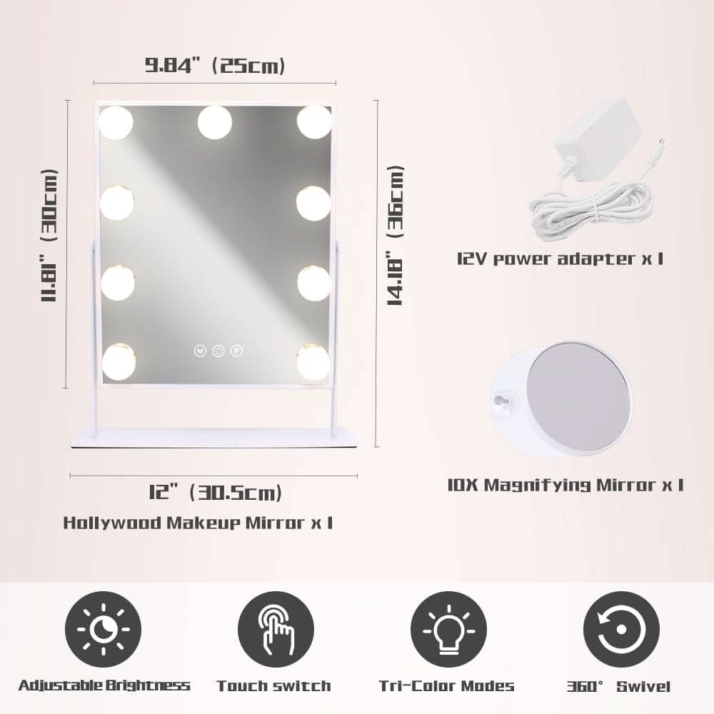 Lighted Vanity Mirror With Detachable 10X Magnification, 15x12 Travel Size