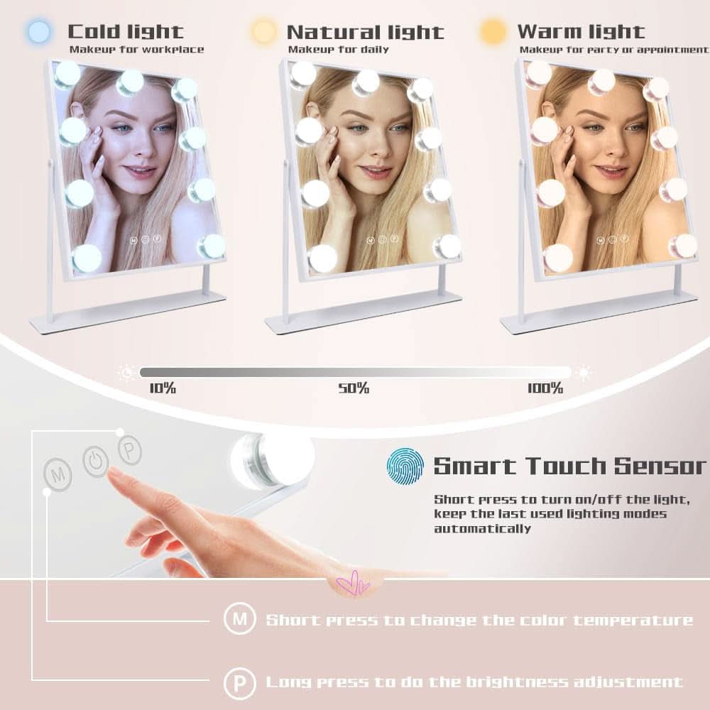 Lighted Vanity Mirror With Detachable 10X Magnification, 15x12 Travel Size