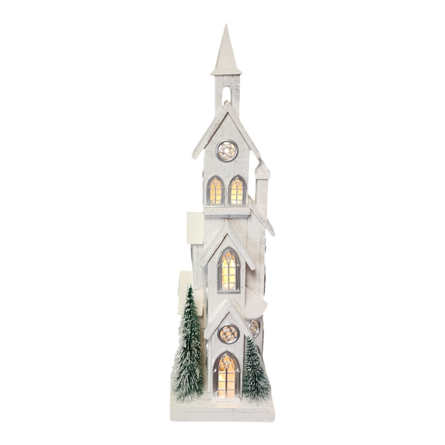 Lighted White Wood Church - 34.4 Inch