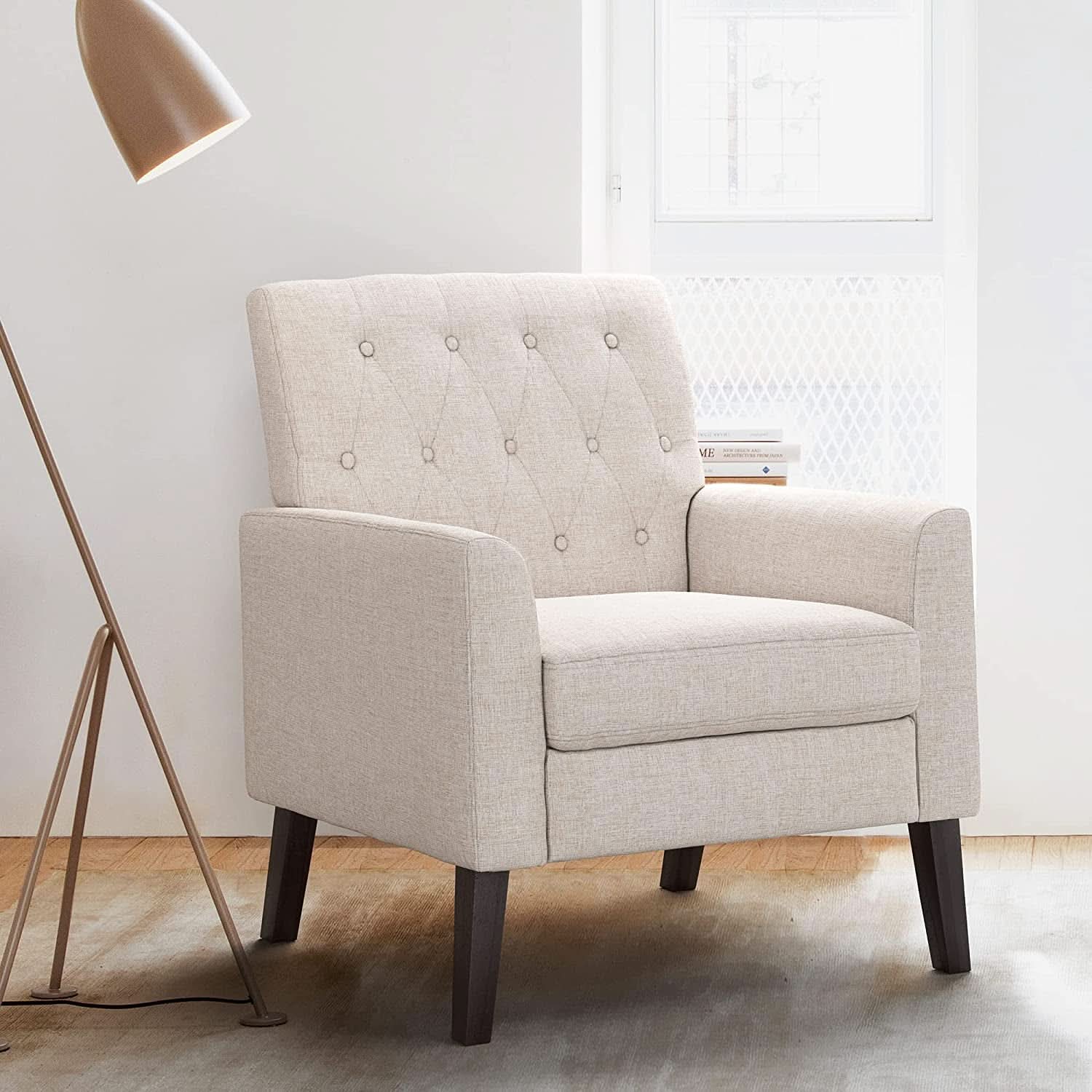Linen Accent Chair With Button Tufting For Living Room