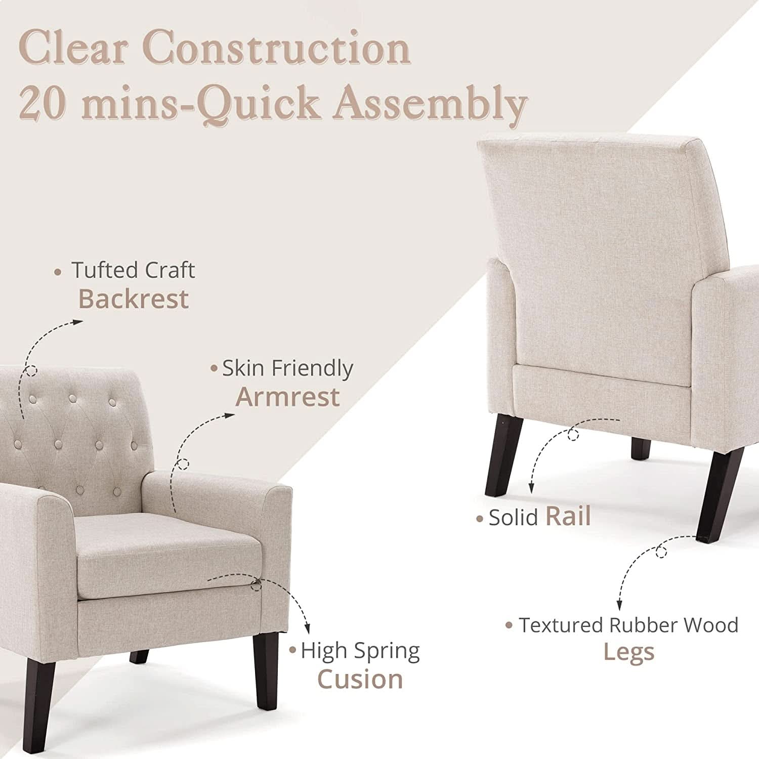 Linen Accent Chair With Button Tufting For Living Room