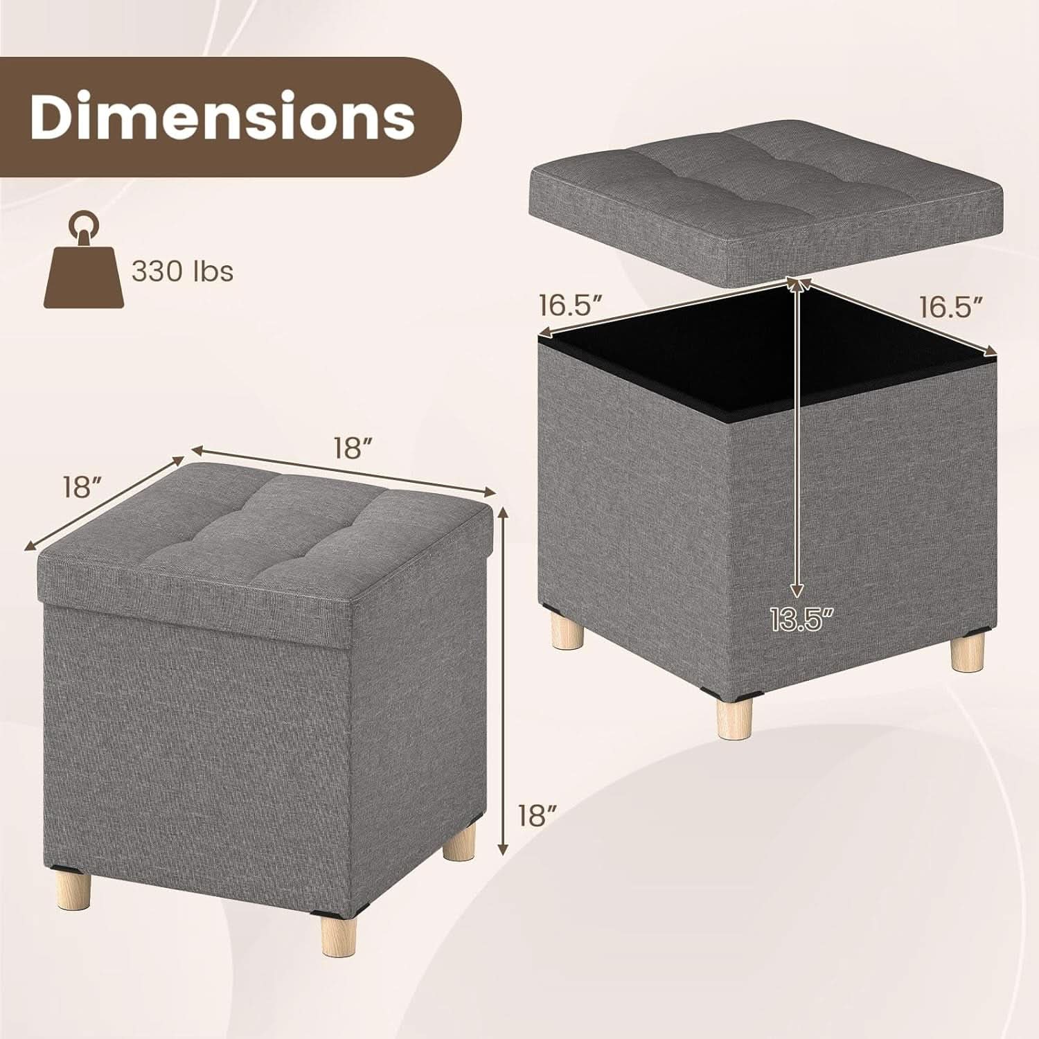Linen Fabric Storage Ottoman Cube With Tray Lid Elevated Legs 18 Inch