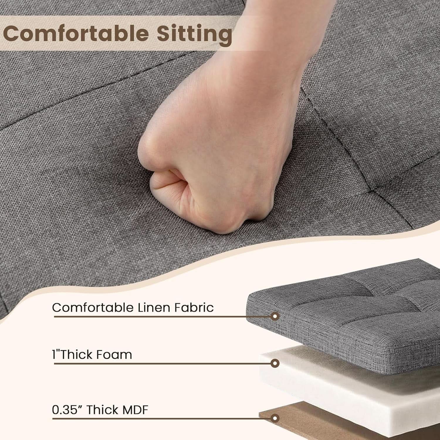 Linen Fabric Storage Ottoman Cube With Tray Lid Elevated Legs 18 Inch