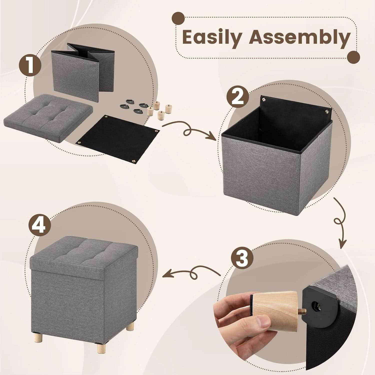 Linen Fabric Storage Ottoman Cube With Tray Lid Elevated Legs 18 Inch