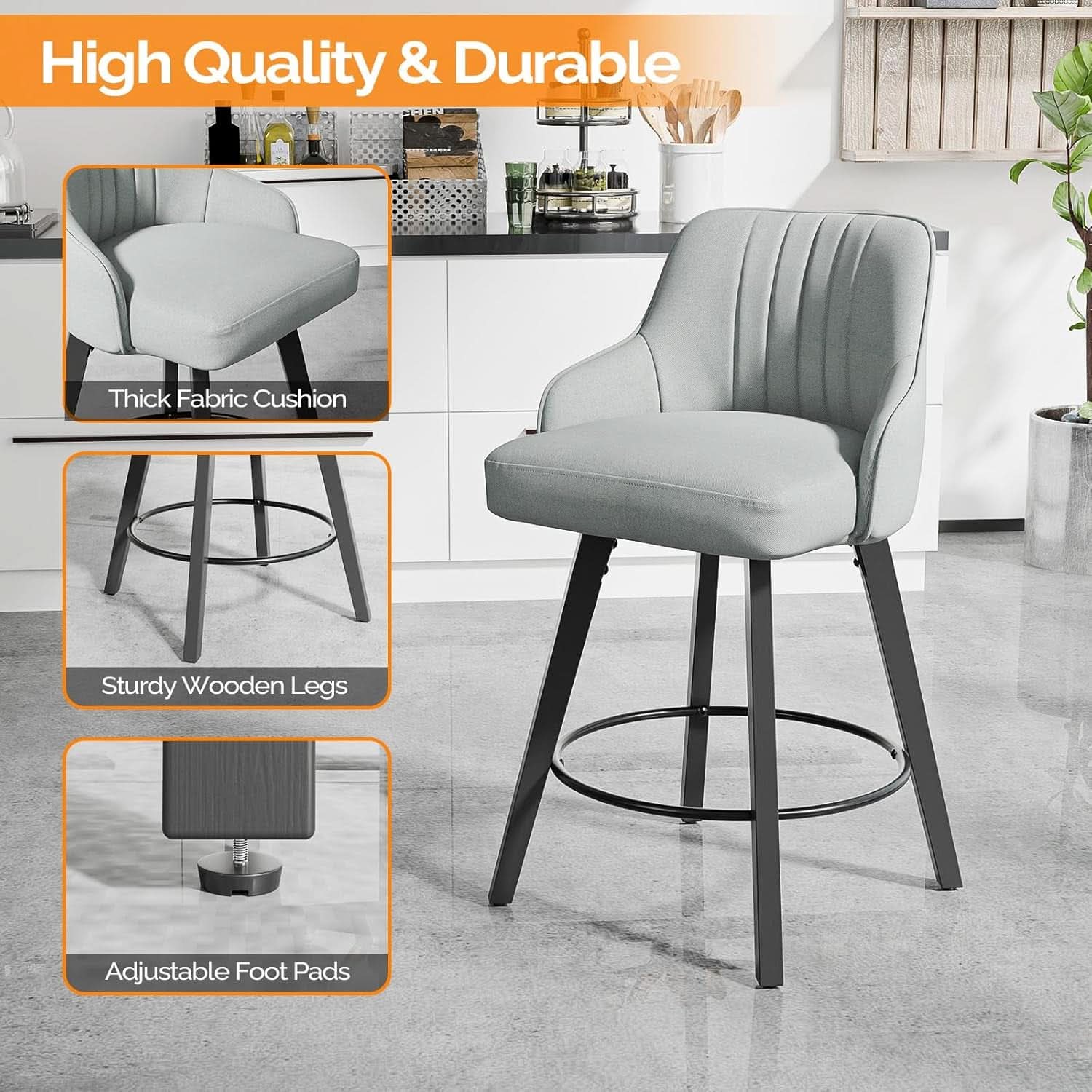 Linen Fabric Upholstered Swivel Barstools Set of Two