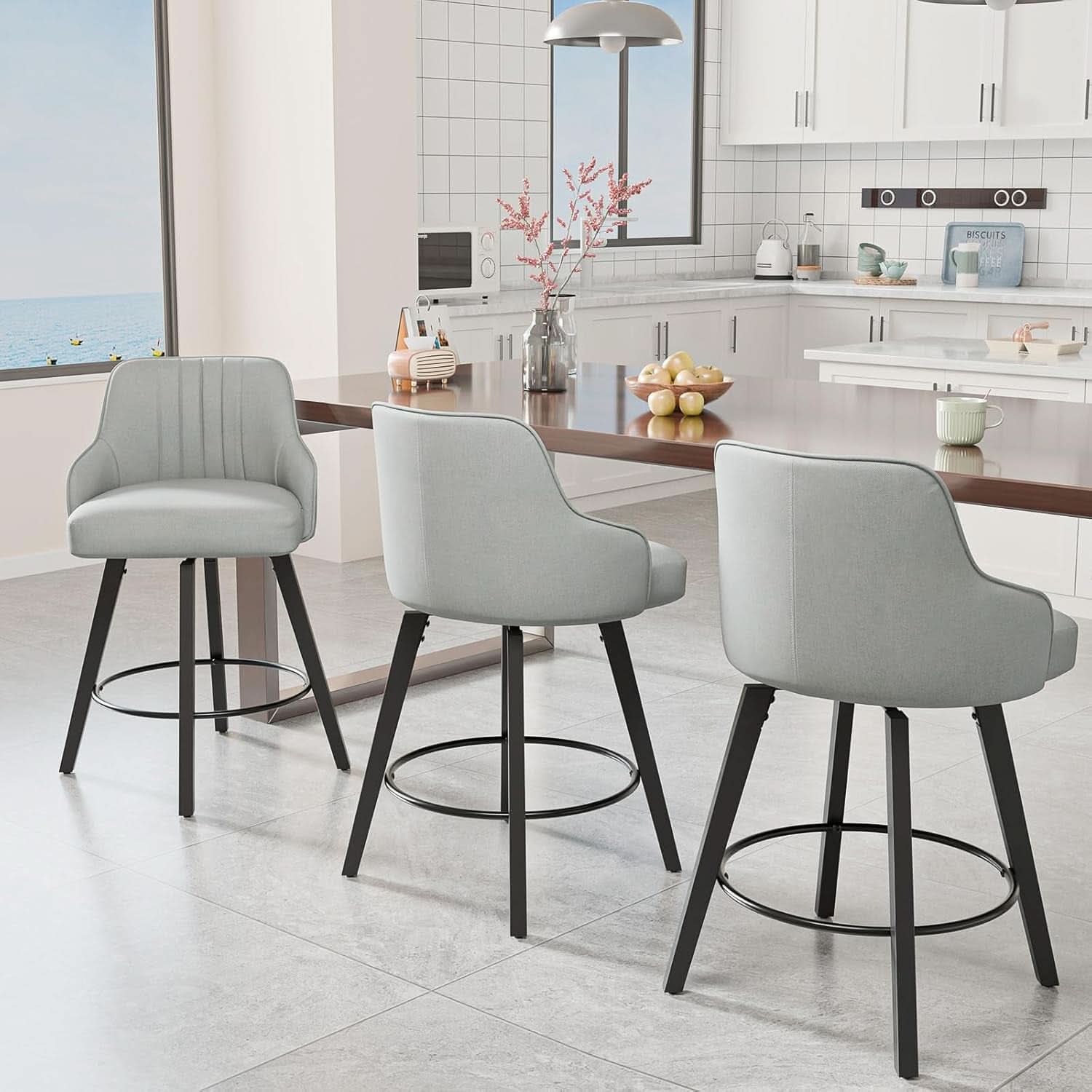Linen Fabric Upholstered Swivel Barstools Set of Two