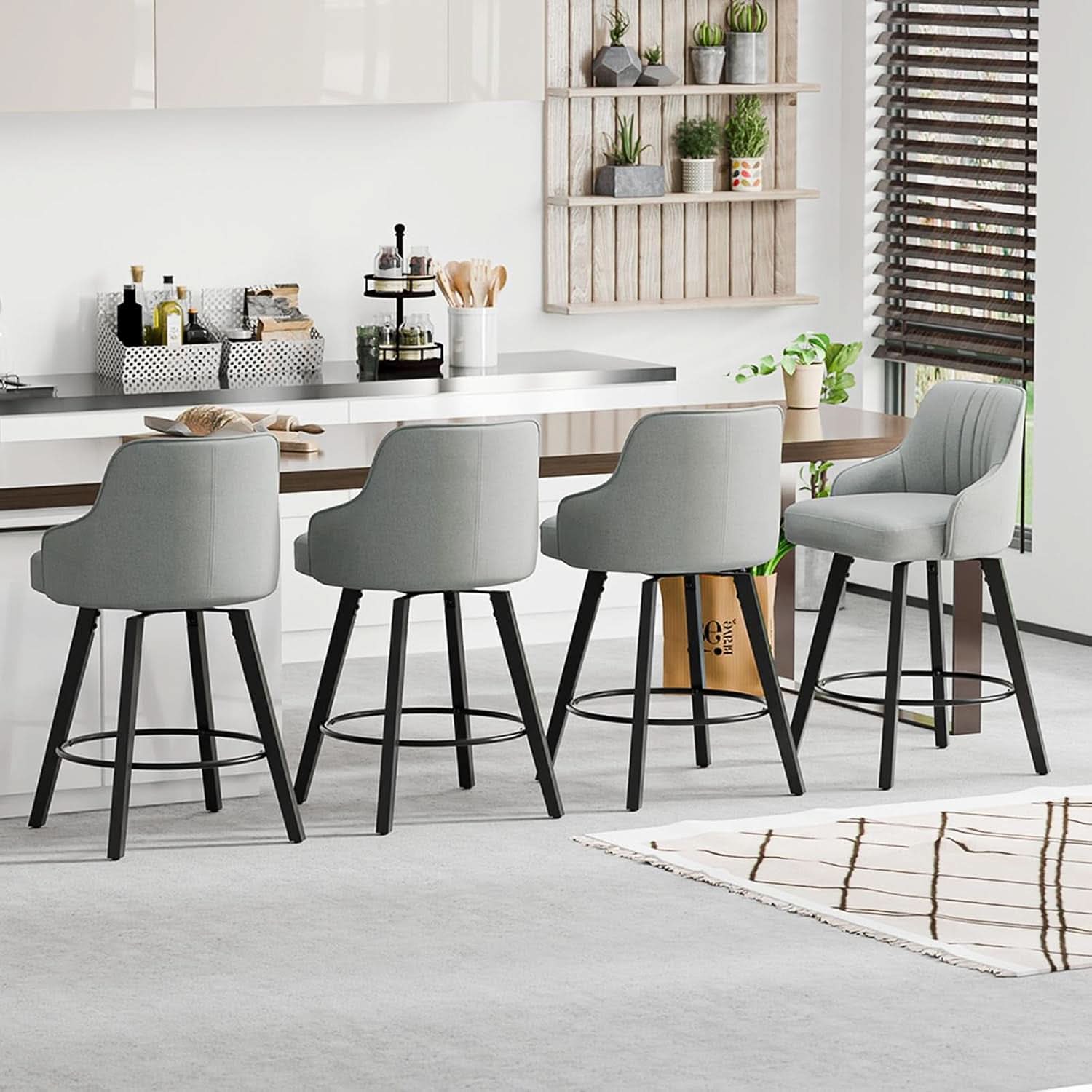 Linen Fabric Upholstered Swivel Barstools Set of Two