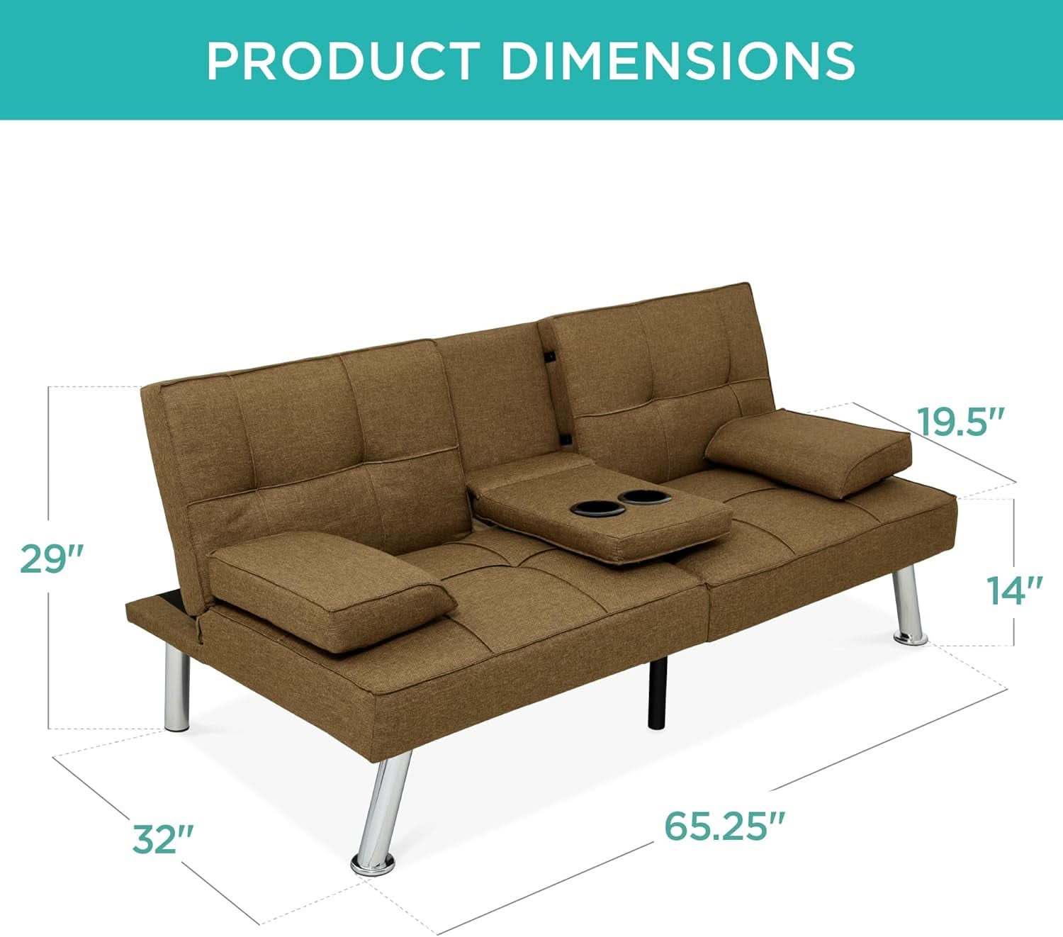Linen Modern Folding Futon Sofa Bed With Cupholders Brown
