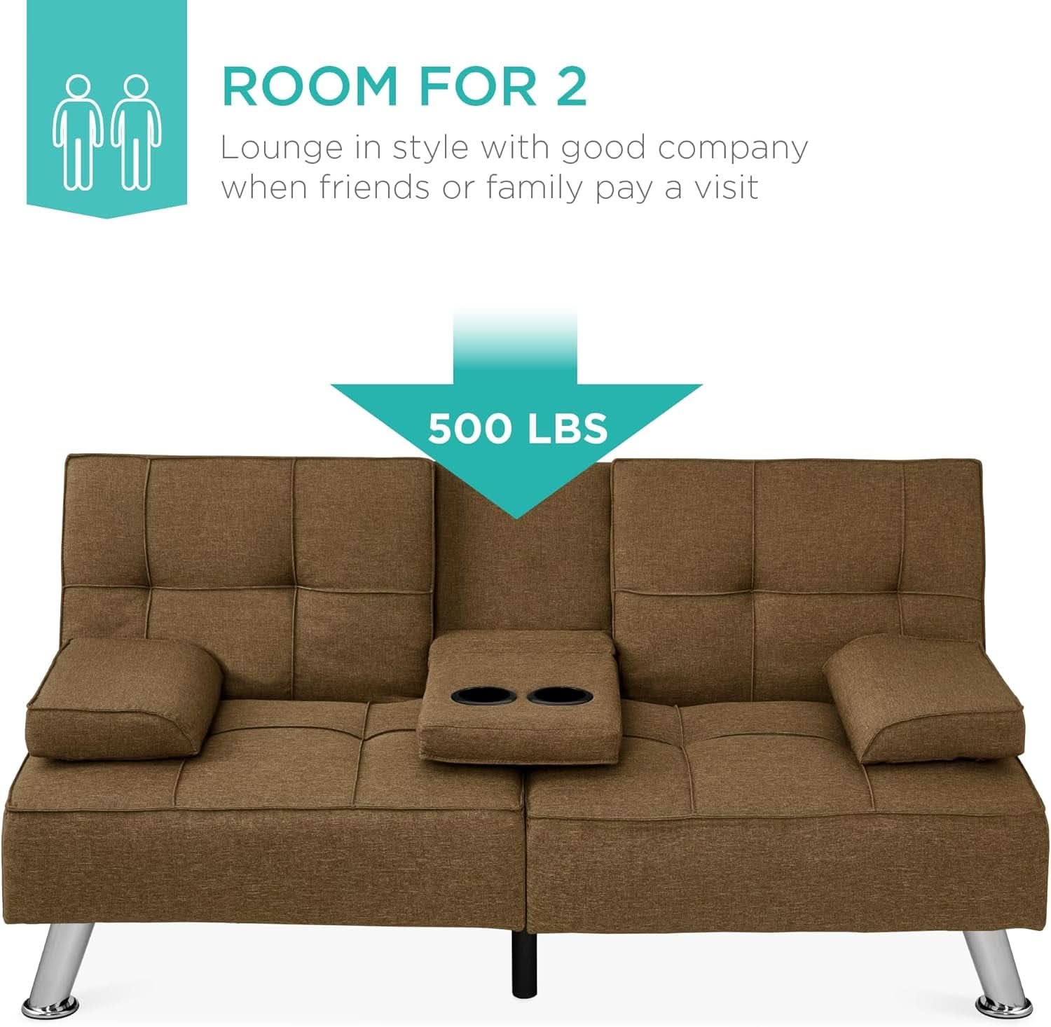 Linen Modern Folding Futon Sofa Bed With Cupholders Brown