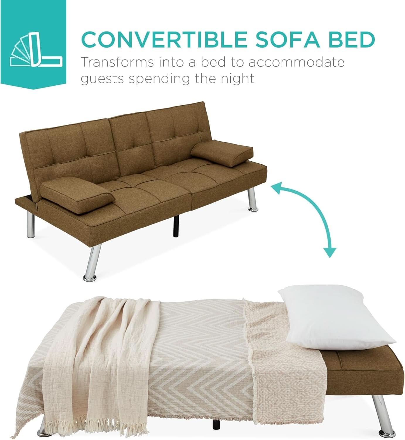 Linen Modern Folding Futon Sofa Bed With Cupholders Brown