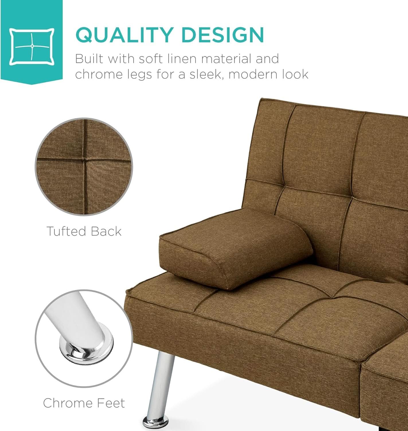 Linen Modern Folding Futon Sofa Bed With Cupholders Brown