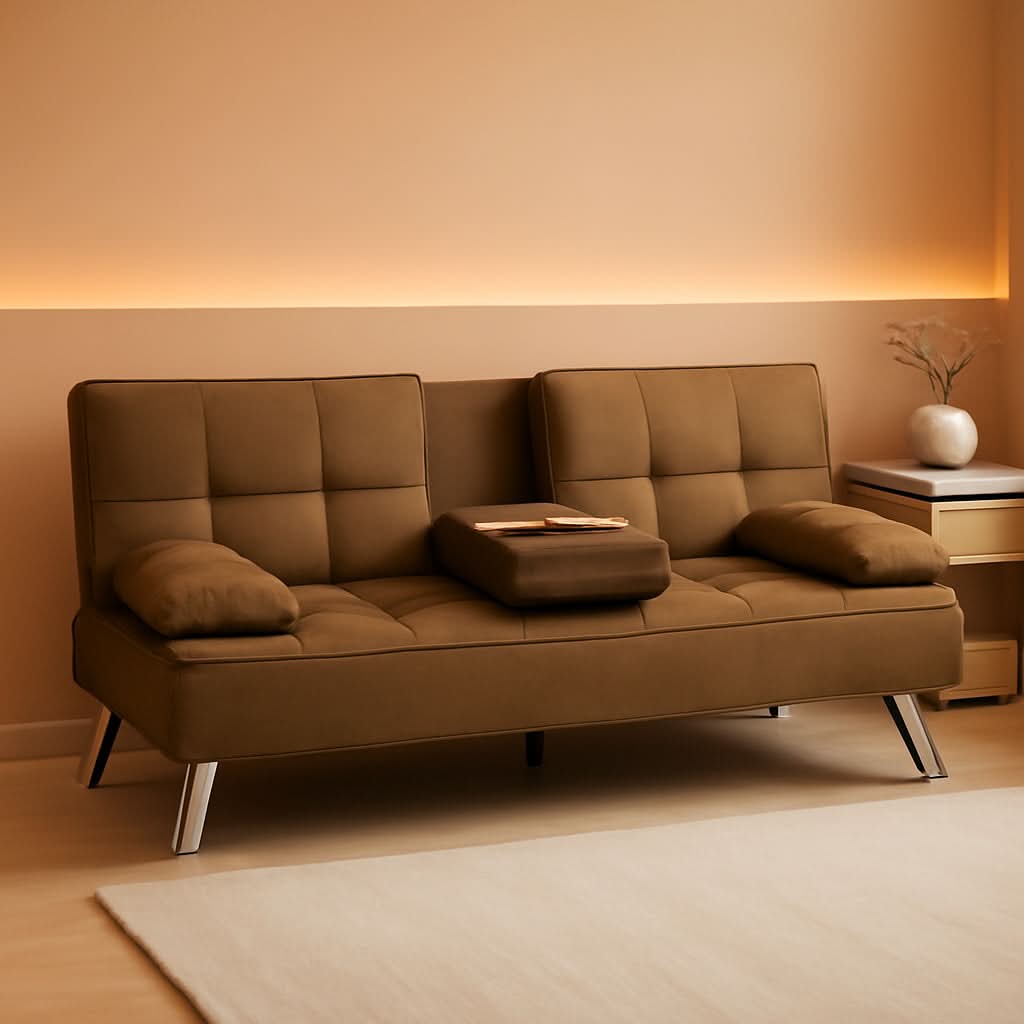 Linen Modern Folding Futon Sofa Bed With Cupholders Brown