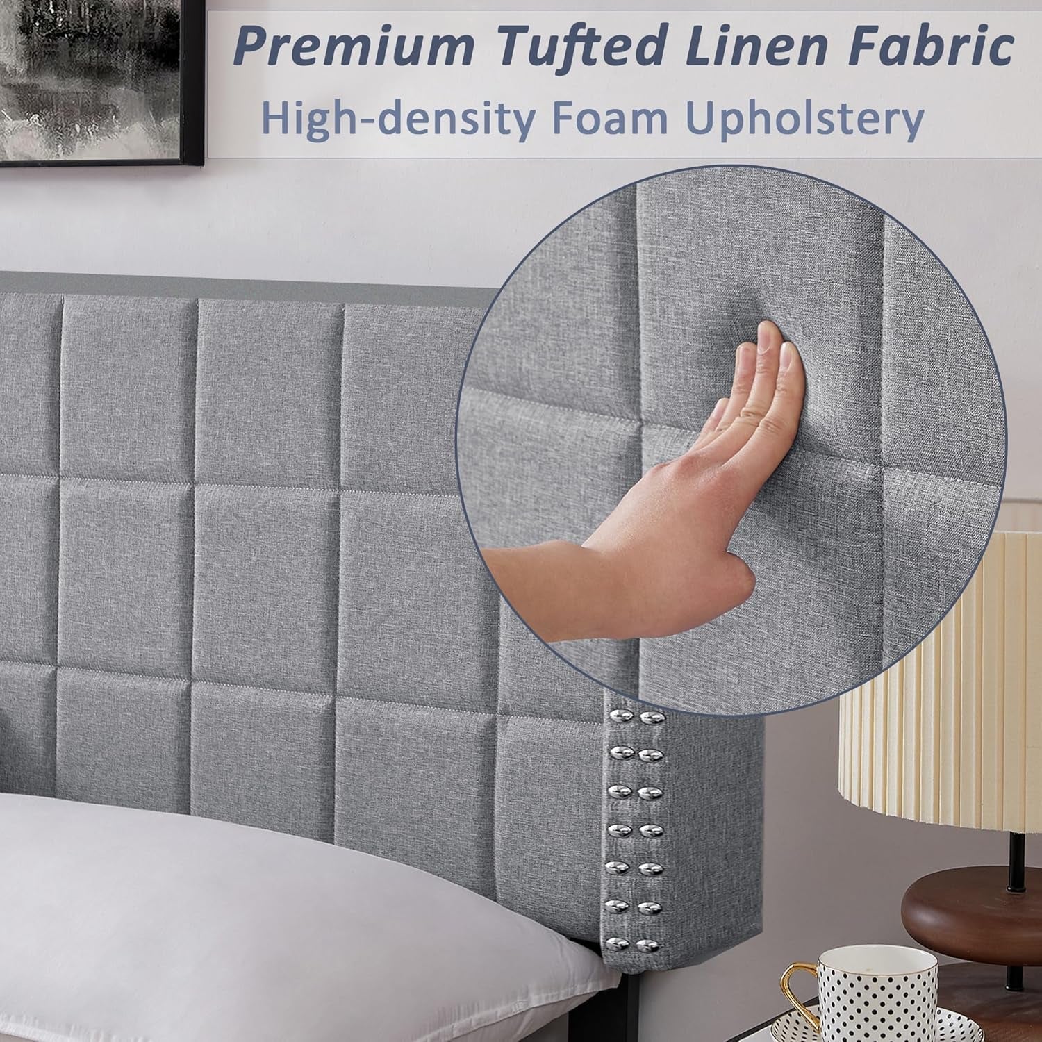 Linen Upholstered King Size Headboard With Nailhead Trim