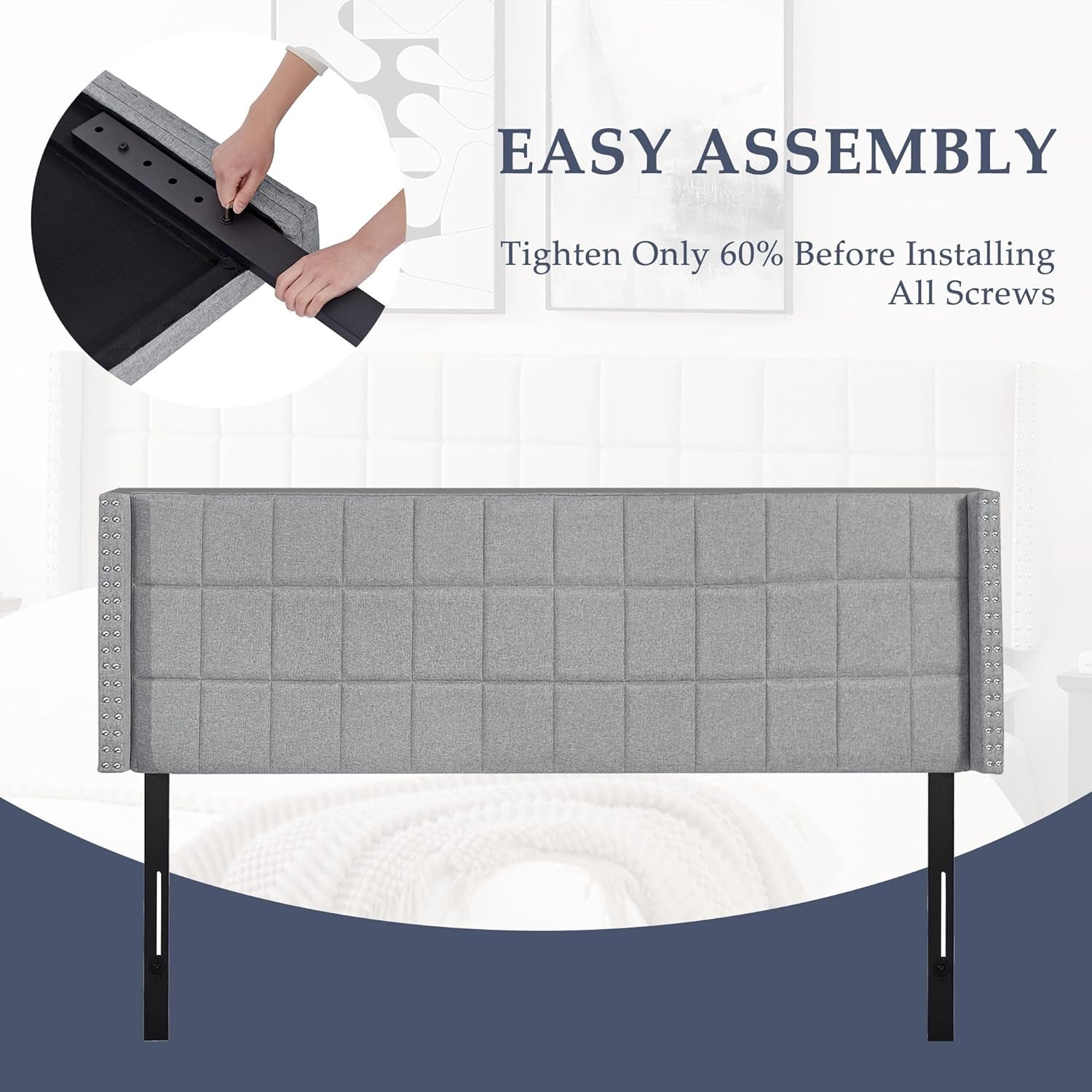 Linen Upholstered King Size Headboard With Nailhead Trim