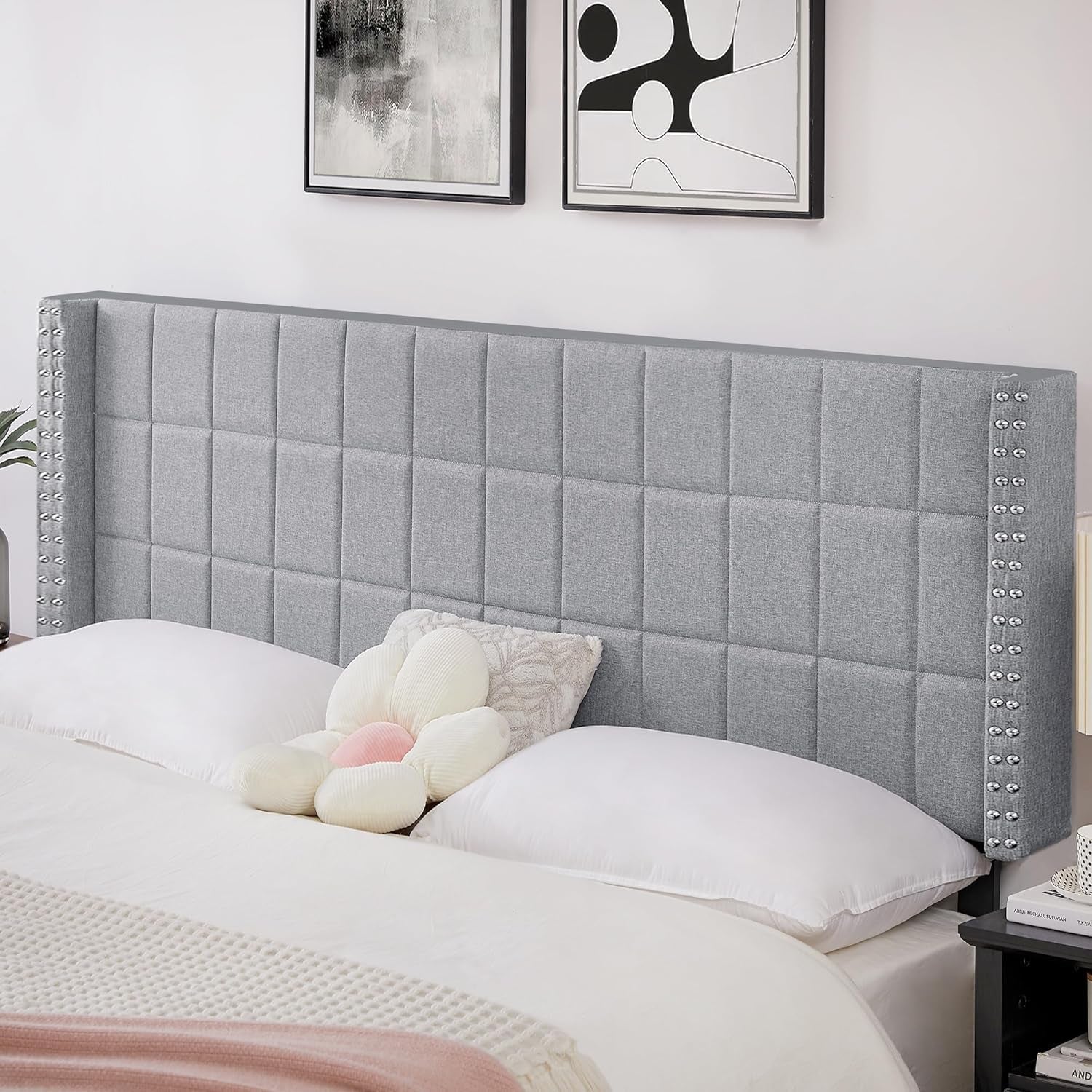 Linen Upholstered King Size Headboard With Nailhead Trim