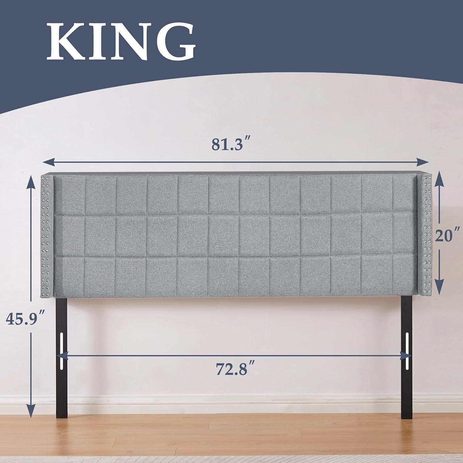 Linen Upholstered King Size Headboard With Nailhead Trim