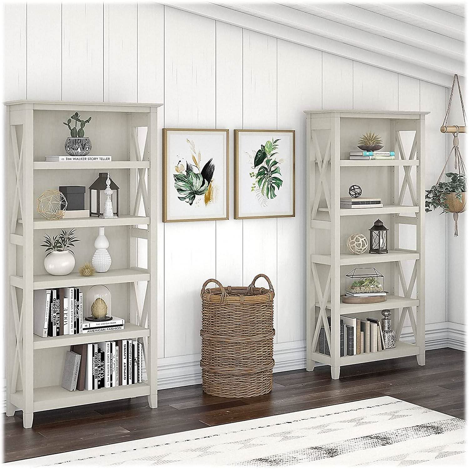 Linen White Oak 5 Shelf Bookcase Set 2 Tall 66H 32W 13D