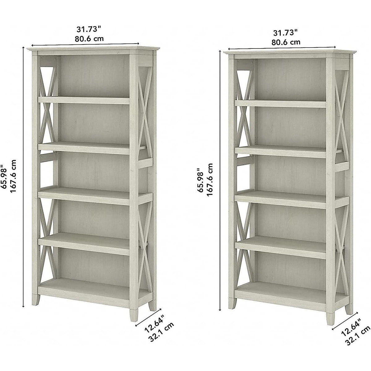 Linen White Oak 5 Shelf Bookcase Set 2 Tall 66H 32W 13D