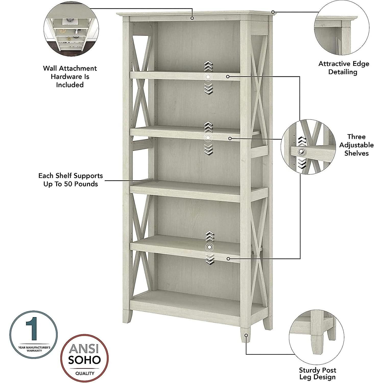 Linen White Oak 5 Shelf Bookcase Set 2 Tall 66H 32W 13D