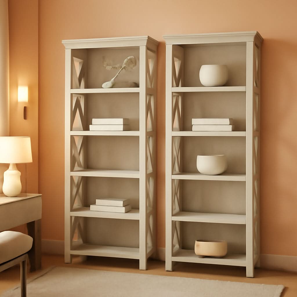 Linen White Oak 5 Shelf Bookcase Set 2 Tall 66H 32W 13D