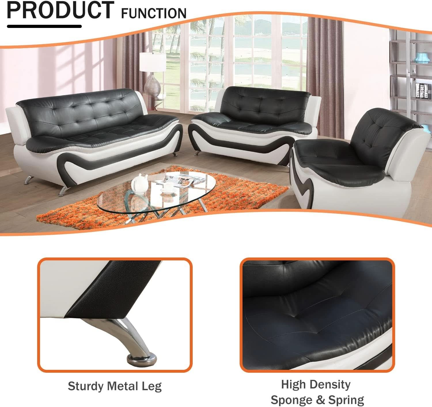 Living Room Faux Leather Sofa Set 3 Piece Black White