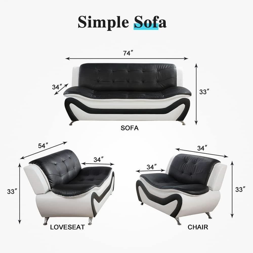 Living Room Faux Leather Sofa Set 3 Piece Black White
