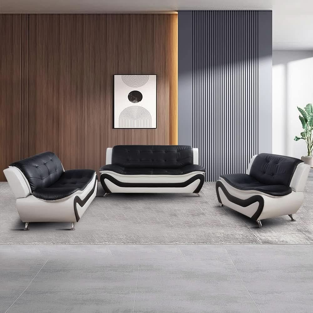 Living Room Faux Leather Sofa Set 3 Piece Black White