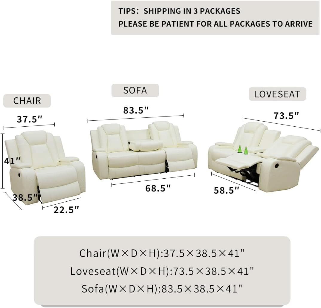 Living Room Set Leather Sofa Power Recliner Creamy White