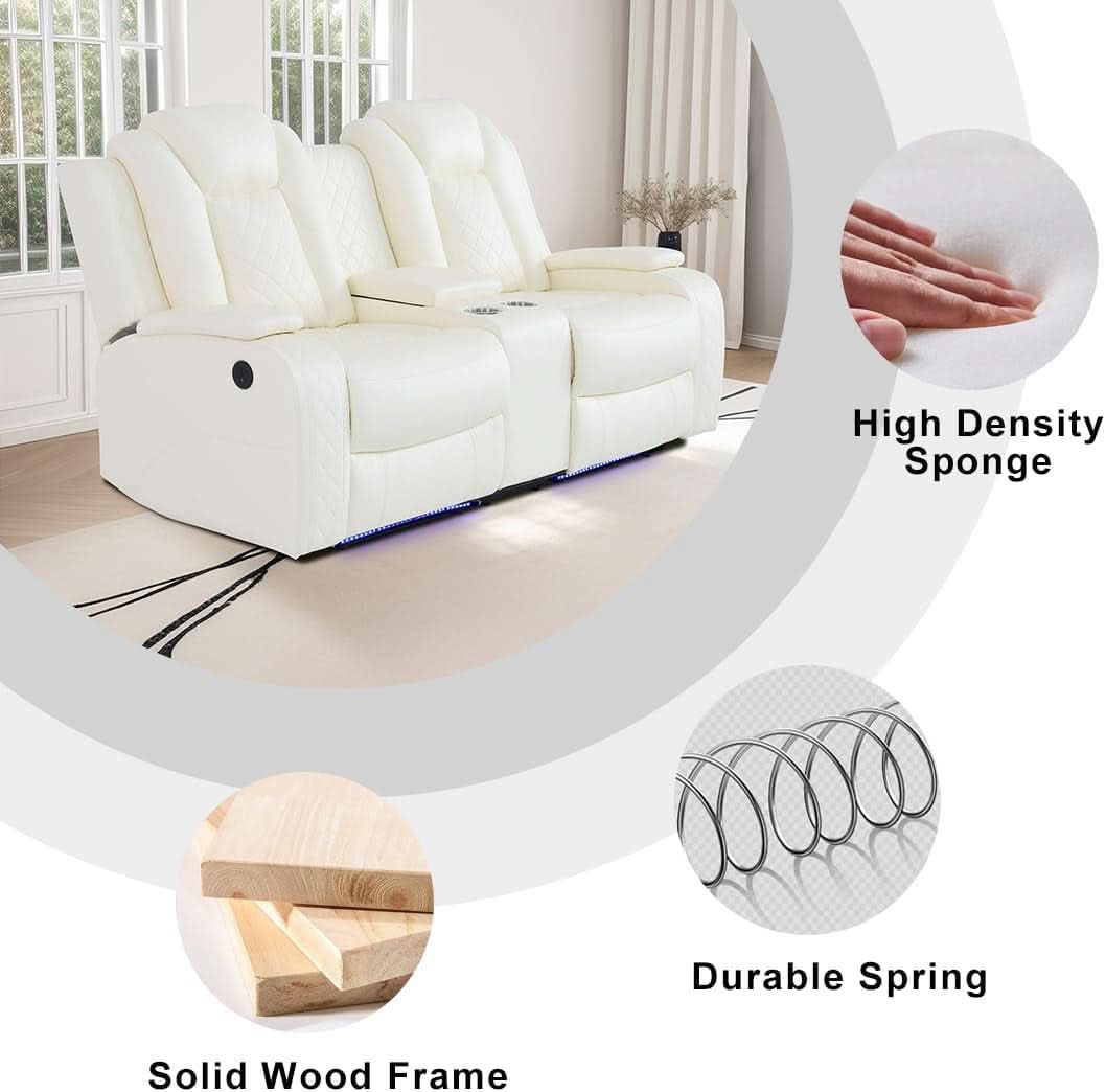 Living Room Set Leather Sofa Power Recliner Creamy White
