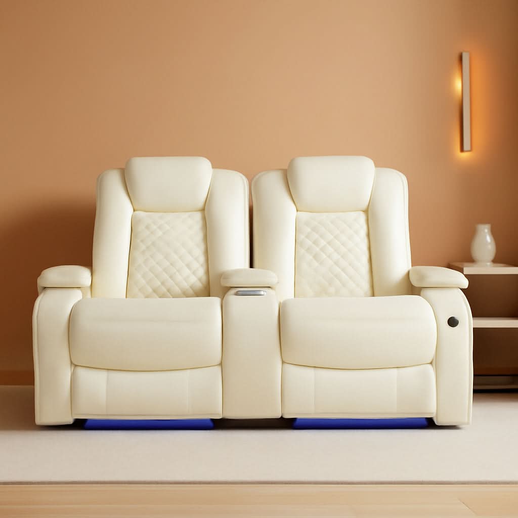 Living Room Set Leather Sofa Power Recliner Creamy White