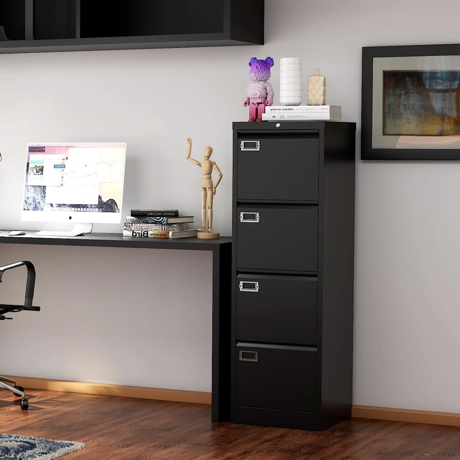 Lockable 4 Drawer Vertical File Cabinet Black Metal For Home Office
