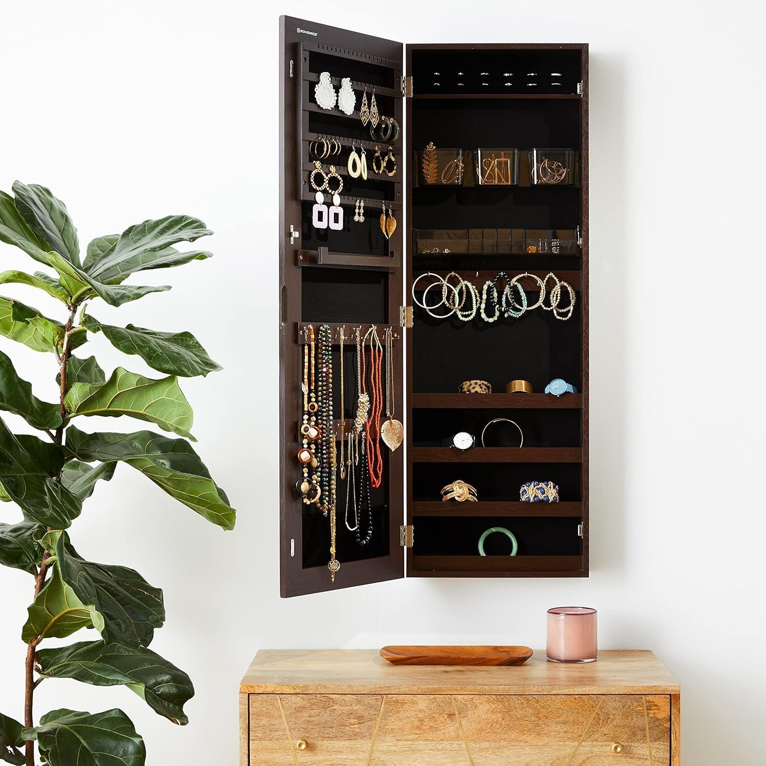 Lockable Wall Mount Jewelry Cabinet Armoire With Mirror