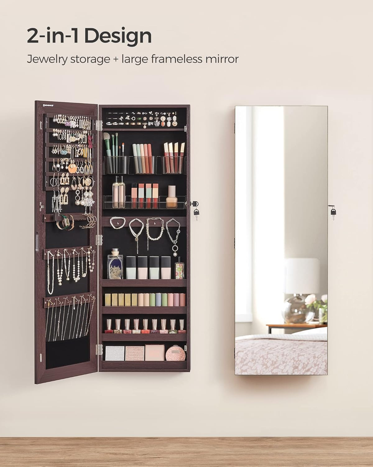 Lockable Wall Mount Jewelry Cabinet Armoire With Mirror