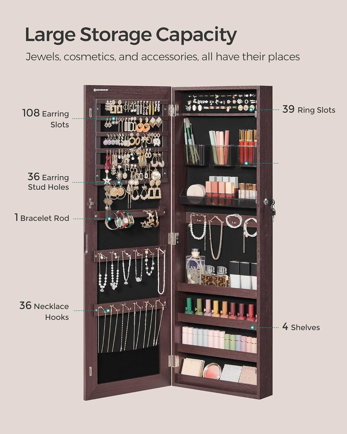 Lockable Wall Mount Jewelry Cabinet Armoire With Mirror