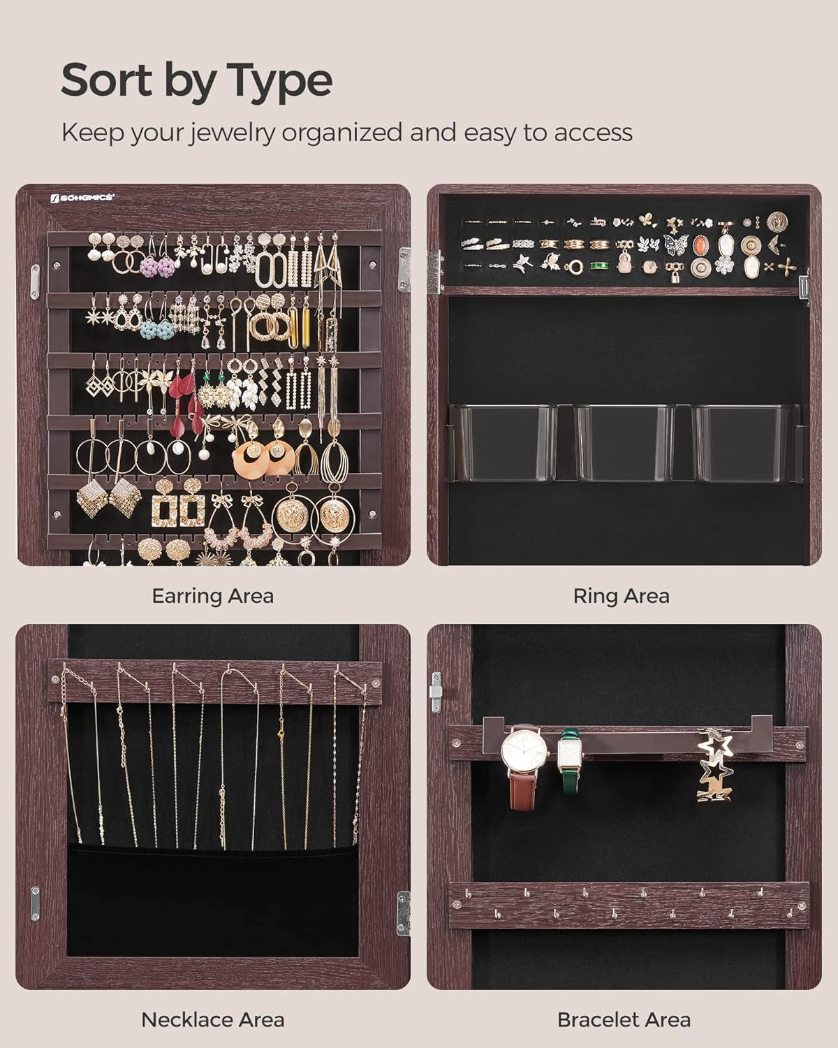 Lockable Wall Mount Jewelry Cabinet Armoire With Mirror