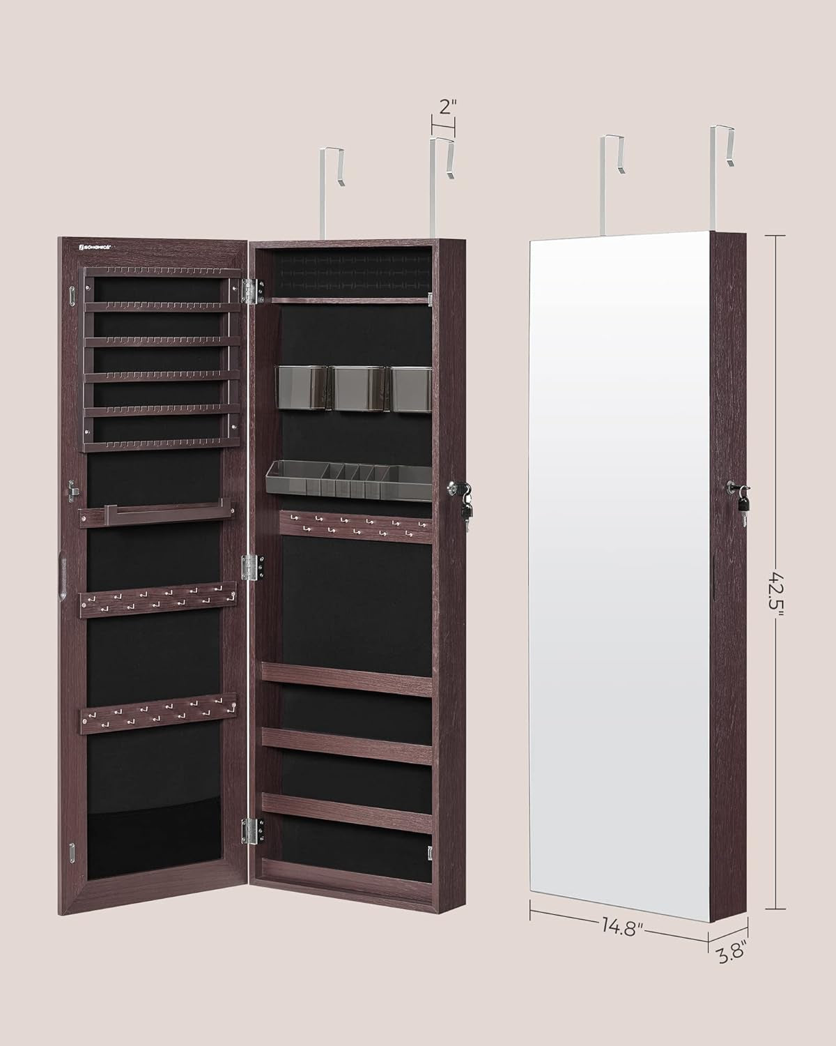 Lockable Wall Mount Jewelry Cabinet Armoire With Mirror