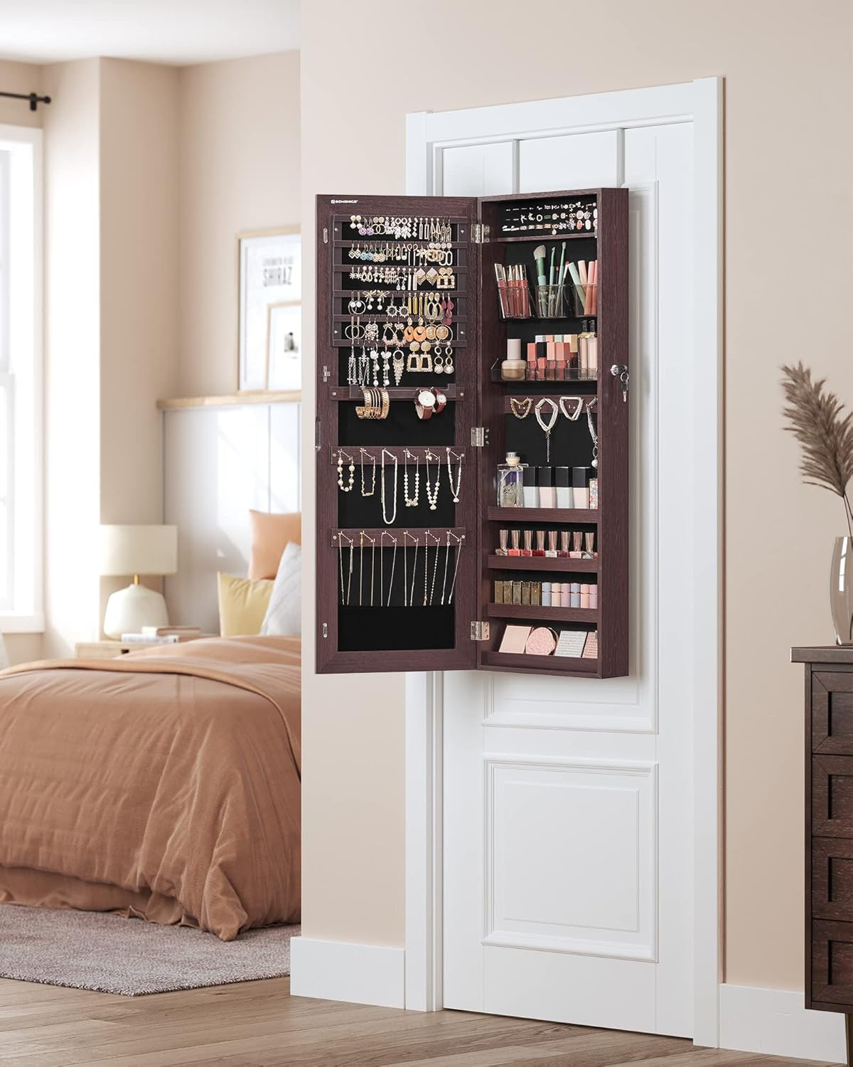Lockable Wall Mount Jewelry Cabinet Armoire With Mirror