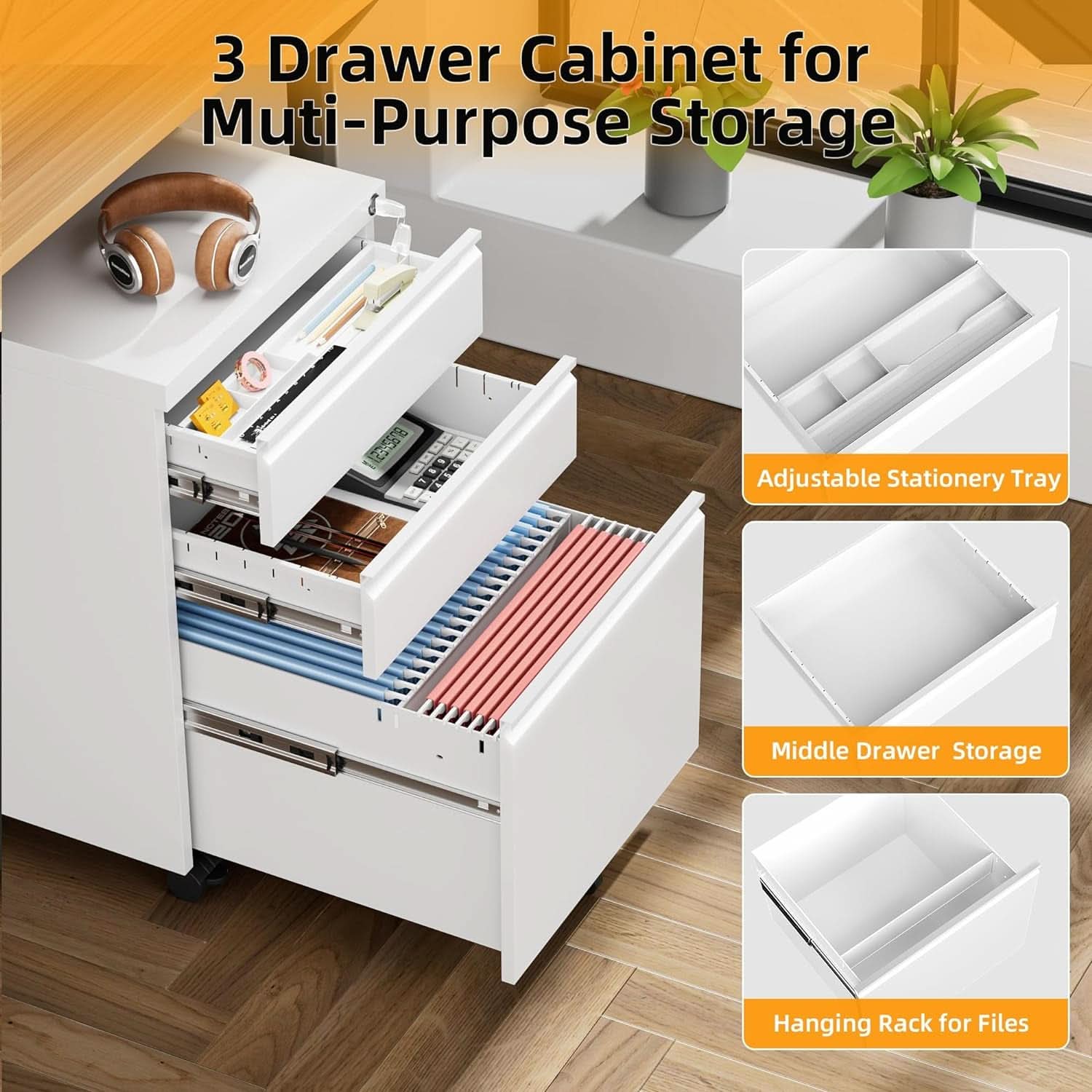 Locking 3-Drawer Rolling File Cabinet For Home Office
