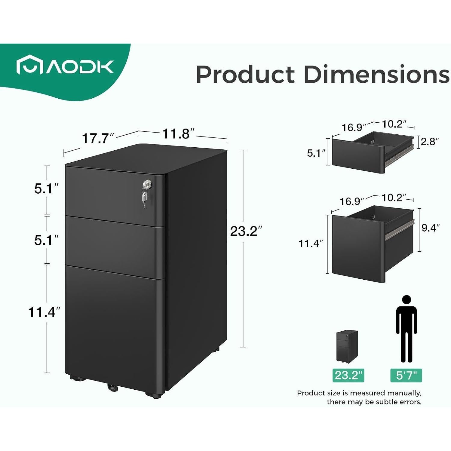 Locking 3-Drawer Rolling File Cabinet for Home Office