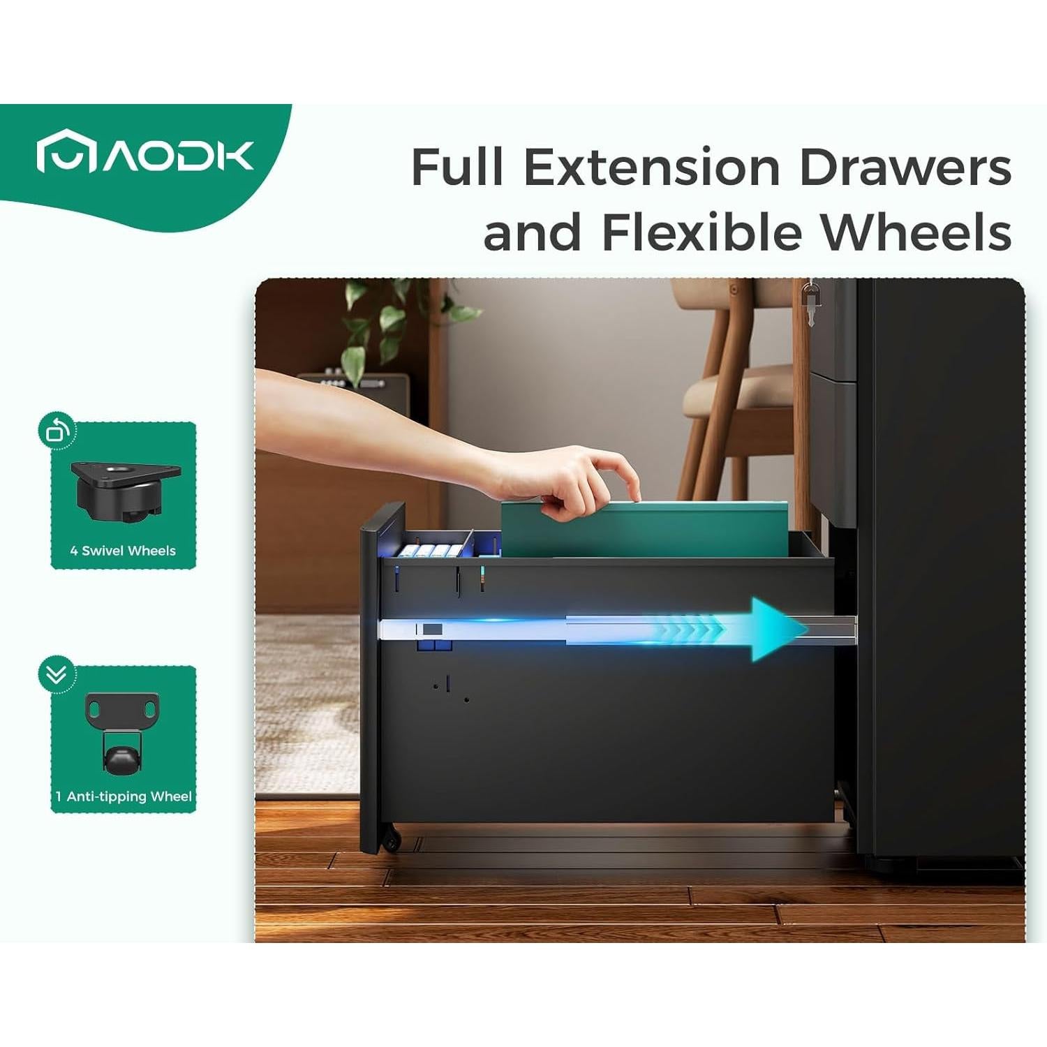 Locking 3-Drawer Rolling File Cabinet for Home Office