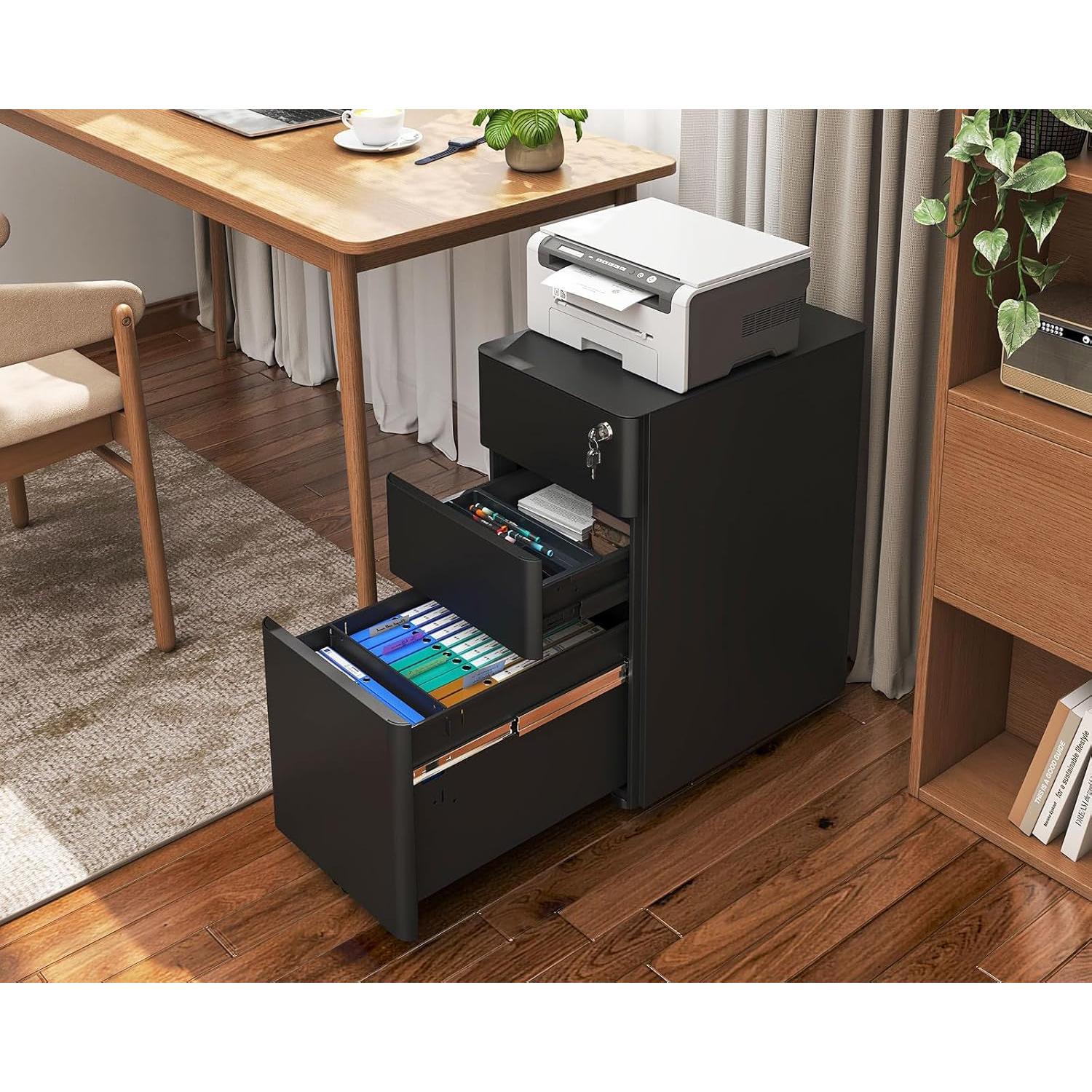 Locking 3-Drawer Rolling File Cabinet for Home Office